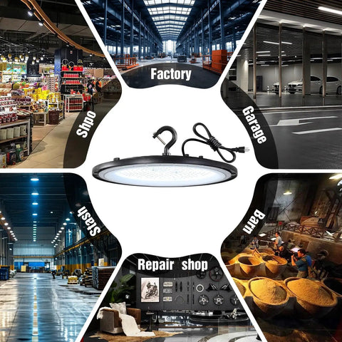 LED High Bay Light 100W UFO Style With US Plug, 15000lm Daylight 5000K, image showing usage in various industrial settings