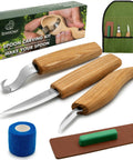 Hella Sharp And Tough Left Handed Wood Carving Knife Set Sloyd Spoon Blades Hook Whittling Tool with leather strop and blue compound.