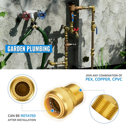 Three Quarter Inch Male Adapter MNPT Push To Connect Plumbing Fitting for PEX Copper CPVC PE RT Pipes in garden plumbing setup