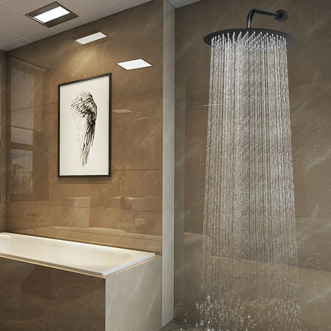 12 Inch Matte Black Round Rain Shower Head With Shower Arm Stainless Steel Waterfall Rainfall For Full Body Coverage