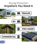 Top Shelf 45 Mil EPDM Rubber Roofing Membrane 5 Ft By 45 Ft Heavy Duty Waterproof Roll on various structures like RVs, trailers, and homes.