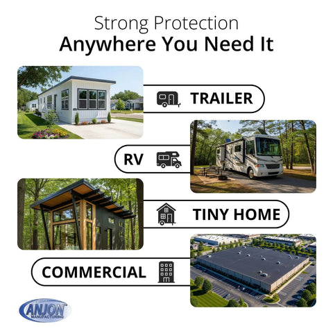 Top Shelf 45 Mil EPDM Rubber Roofing Membrane 5 Ft By 45 Ft Heavy Duty Waterproof Roll on various structures like RVs, trailers, and homes.