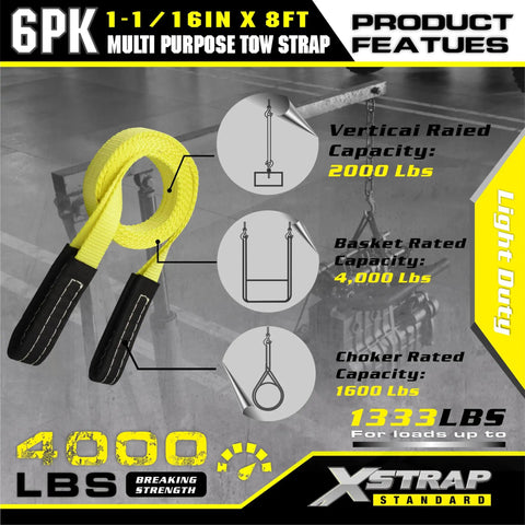 Six Pack 1x8 Lift Sling Straps With Wear Guard Ends, Heavy Duty Polyester Web Slings, 1333 Lb Load Capacity, 4000 Lb Break Strength, Flexible Lightweight Alternative To Chains, yellow tow strap