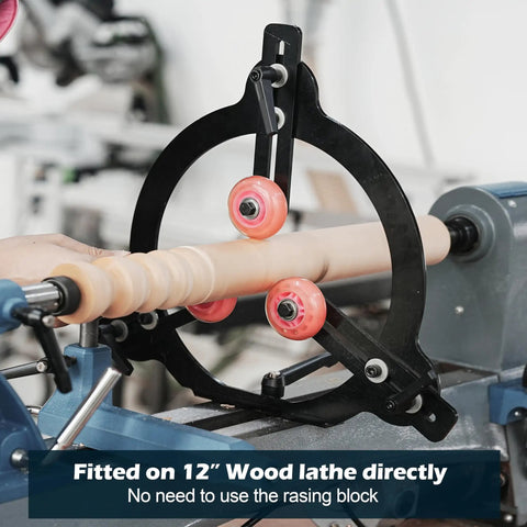 Woodturning Steady Rest For Twelve Inch, Fourteen Inch, And Sixteen Inch Swing Lathe mounted on a 12 inch lathe for stability