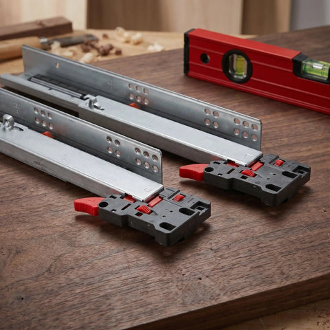Soft Close Drawer Slides Set With Full Extension Undermount Glides Concealed Runners And Steel Mounting Brackets on wooden surface