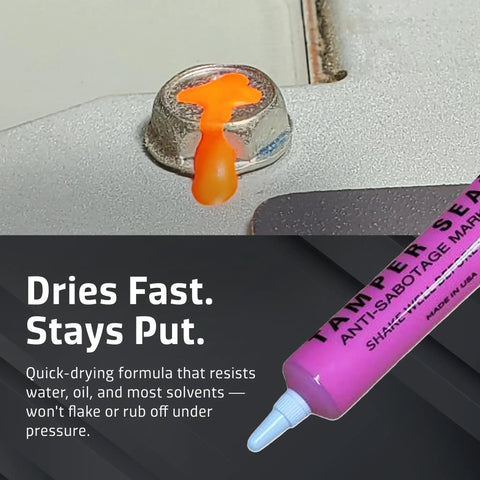 Top Notch Hot Pink Tamper Seal Inspection Paint For Bolts Fasteners With Instant Crack Detection Quick Drying Formula No Sweat Setup For Cars And Daily Driver Gearhead Hangouts One Point Five Ounces on a nut, showcasing its quick-drying feature.