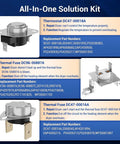 All-in-One Solution Kit with illustrated components for dryer thermostat and fuses, showing part numbers and installation functions.