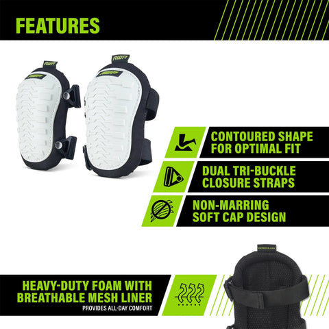 Non Marring Knee Pads With Heavy Duty Foam Padding For Sub Floor Underlayment And Tile Breathable Air Mesh Interior featuring contoured shape and tri-buckle closure
