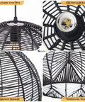 Close-up of Coastal Industrial Rattan Chandelier With Black Round Wicker Shade Pendant Lamp for Living Room or Bedroom