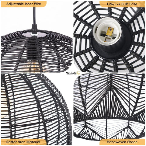 Close-up of Coastal Industrial Rattan Chandelier With Black Round Wicker Shade Pendant Lamp for Living Room or Bedroom