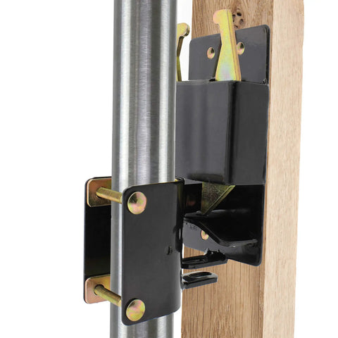 Close-up of black two way farm gate latch for livestock and horses, black weatherproof gate catch for cattle corrals and ranches.