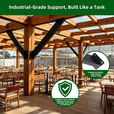 12 Pack 45 Degree Angle Bracket Kit For Wood Pergolas And Outdoor Builds Heavy Duty Carbon Steel Rustproof With Black Powder Finish Built To Last Sturdy Triangular Support That Keeps Beams From Wobbling Universal Wooden Connections. Black steel brackets supporting a wood pergola beam