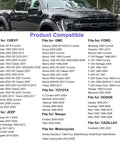 American Flag Tire Valve Cap Antenna compatibility list for trucks and SUVs, including Chevy, GMC, Ford, Dodge, and more.