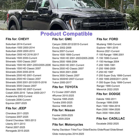 American Flag Tire Valve Cap Antenna compatibility list for trucks and SUVs, including Chevy, GMC, Ford, Dodge, and more.