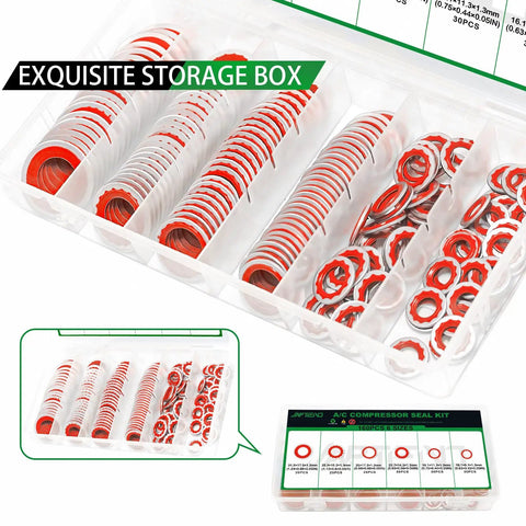 AC Compressor Port Bonded Seal Gasket Kit With 160 Seal Washers In Six Sizes For Auto AC Repair And Replacement So You Can Fix Leaks Fast No BS Guaranteed. plastic storage box with six-size NBR seal washers
