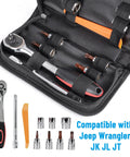 Door Removal Tool Kit For Jeep Wrangler And Gladiator Three Eighths Inch Ratchet Set With Universal Joint Ten Thirteen Nineteen Millimeter Sockets Torx Bits T25 T40 T45 T50 M4 M5 Bits And Plastic Pry Tool For Door Roof Spare Tire And Other Hardware, open case