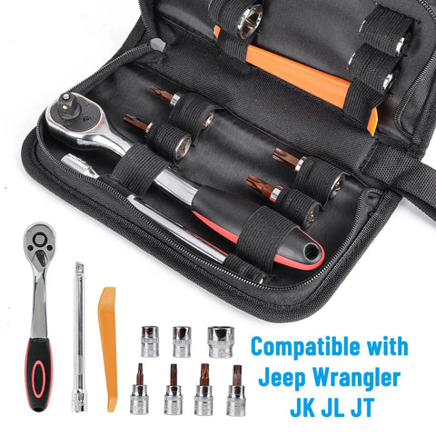 Door Removal Tool Kit For Jeep Wrangler And Gladiator Three Eighths Inch Ratchet Set With Universal Joint Ten Thirteen Nineteen Millimeter Sockets Torx Bits T25 T40 T45 T50 M4 M5 Bits And Plastic Pry Tool For Door Roof Spare Tire And Other Hardware, open case