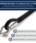 Close-up of Premium Double Braided Nylon Boat Anchor Rope With Thimble and bow shackle, showing 316 stainless steel fittings.
