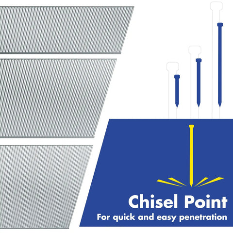 Premium 18 Gauge Brad Nails In 2 Inch One Quarter And Three Quarters Lengths showing chisel point design for easy penetration