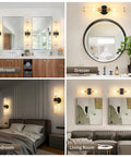 Battery Operated Wall Sconces Set Of 2 With Dimmable Remote, showcased in bathroom, dresser, bedroom, and living room settings.