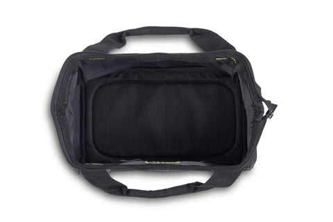 Top view of open Durable 13 Inch Tool Bag With Water Resistant Exterior For Pros And Contractors highlighting main compartment.