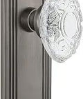 Retro Deco Plate With Lead Free Crystal Victorian Knob Two Point Seven Five Inch Antique Pewter Finish Non Locking Passage Set