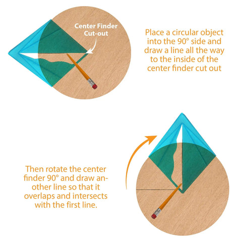 Zero Hassle Woodworking Center Finder That Slides Right Onto Stock To Nail Dead Center Fast With Smooth Precision Perfect For Round Octagon Square Shapes Up To Eighteen Inches Wide, showing usage steps with pencil and clear gauge.