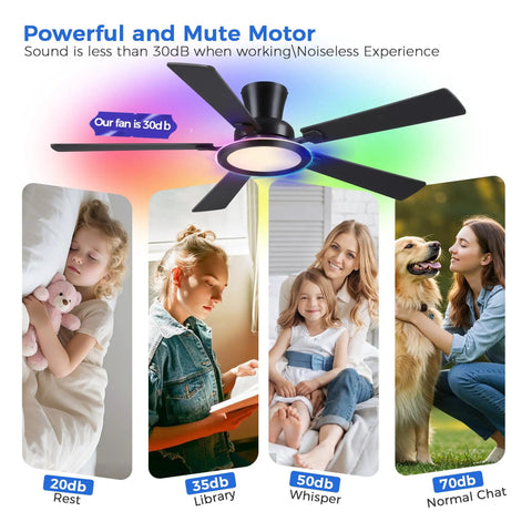 Image showcasing the 52 Inch Flush Mount Ceiling Fan With Built In Rgb Lights and its quiet motor, ideal for cozy spaces.
