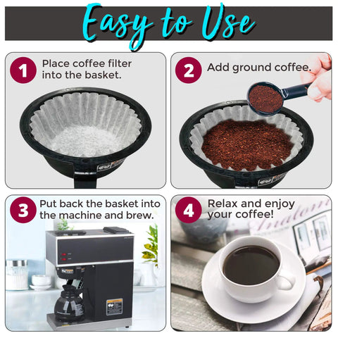 Steps to use Large 8 To 10 Cup Coffee Filters Decanter Style White Disposable Eco Friendly Commercial Paper Basket.
