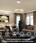 Modern Crystal Chandelier Ceiling Lights Fixture Pendant Lighting Orb Ring Chandelier Contemporary Hanging Ceiling Light With Adjustable Stainless Steel Cable For Living Room Dining Room Foyer Hallway 16 Inch Wow Factor displayed in a luxurious living room.