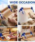 Nifty Paper Dispenser Cutter With Adjustable Mount And Built In Trimmer Plus Heavy Duty Brown Kraft Paper Roll in use for packing.