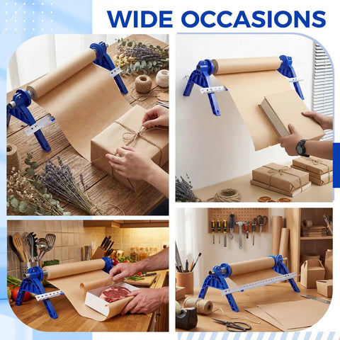 Nifty Paper Dispenser Cutter With Adjustable Mount And Built In Trimmer Plus Heavy Duty Brown Kraft Paper Roll in use for packing.