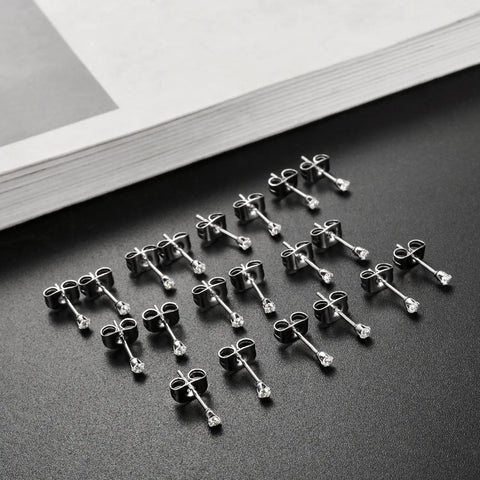 20 Pair 20G 2mm Tiny Stud Earrings Set In 316L Stainless Steel With CZ Ball Studs And Steel Ball Designs For Men And Women Daily Wear Friendly Multipack With Eye Catching Shine And Durable Affordable Earring Set, arranged on black background