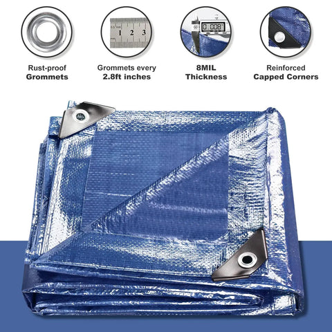 Heavy Duty Waterproof Tarp 8x10 Feet 2 Pack Blue Tarpaulin 8 Mil Thick With Metal Grommets folded showing corner detail