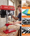 10 Inch Benchtop Drill Press With 5 Amp Variable Speed Motor And Led Light in a workshop, drilling into wood with precision.