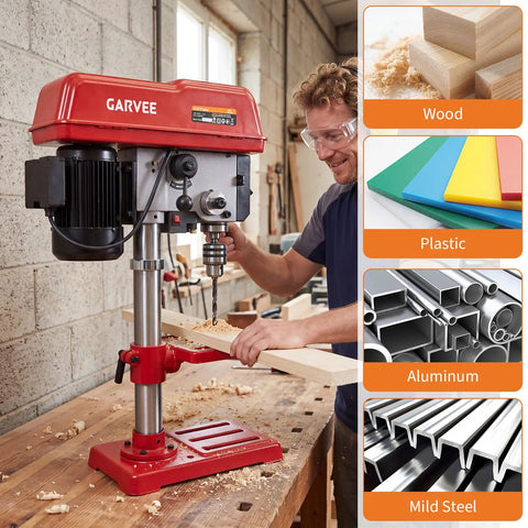 10 Inch Benchtop Drill Press With 5 Amp Variable Speed Motor And Led Light in a workshop, drilling into wood with precision.