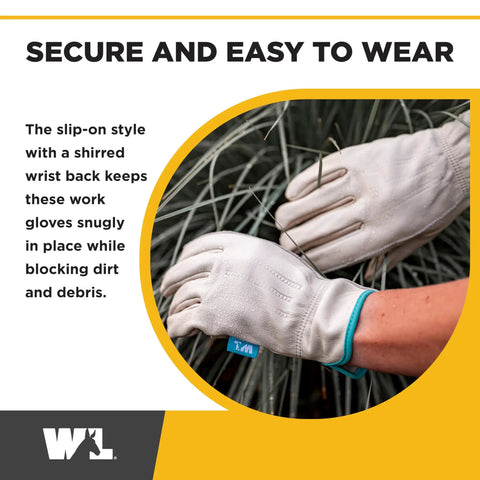 Women’s Water-Resistant Leather Work Gloves With Puncture Resistance being worn outdoors, showing reinforced palm patch and snug fit.