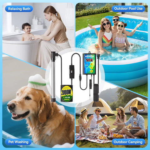 Top Tier 2000 Watt Titanium Immersion Water Heater With Easy Spin Temperature Dial And Built In GFCI Safety Plug for pool, camping, and pet washing.