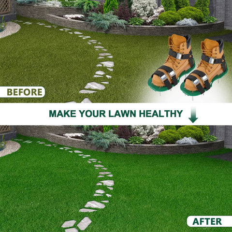 Before and after image showing the effect of Lawn Aerator Shoes With 26 Spikes For Easy Yard Aeration And Deep Soil Breathing on lawn grass.
