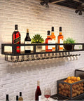 Heavy Duty Wall Mounted Wine Rack Featuring Premium Steel Construction Alongside Integrated Glass Storage Space Saving Profile, beautifully displaying bottles and glasses.