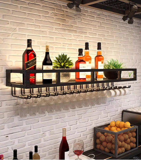 Heavy Duty Wall Mounted Wine Rack Featuring Premium Steel Construction Alongside Integrated Glass Storage Space Saving Profile, beautifully displaying bottles and glasses.