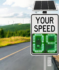 Solar Powered Radar Speed Sign with 60W and 70W solar panel on highway, LED speed display 20 by 28 inch, IP56 weatherproof.