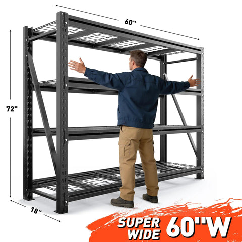 Heavy Duty Garage Shelving Rack With 5000 Lbs Capacity Industrial Steel Storage Shelves For Garage And Shop 60 Inch Wide 72 Inch High 18 Inch Deep Beefy Heavy Duty Steel Shelf System For Tools Bins Gear, 60 x 72 x 18