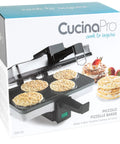 Piccolo Non Stick Electric Pizzelle Baker Makes 4 Mini Italian Cookies At Once in packaging with cookies displayed.