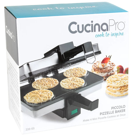 Piccolo Non Stick Electric Pizzelle Baker Makes 4 Mini Italian Cookies At Once in packaging with cookies displayed.