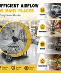 30 Inch Heavy Duty Industrial Drum Fan With Smooth Rolling Wheels Blows 12800 Cfm Hella Badass Airflow For Garage Maintenance Or Active Shop Cooling Sessions in factory setting.