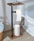 Dark Brown Toilet Paper Holder Stand For Bathroom, Sturdy Floor Or Counter Mount, Sleek Rustic Design near toilet