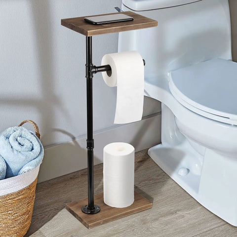 Dark Brown Toilet Paper Holder Stand For Bathroom, Sturdy Floor Or Counter Mount, Sleek Rustic Design near toilet