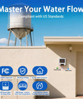 Long-Range Wireless Automatic Water Level Controller for Tank, Well and Cistern on a wall near water tower, solar-powered sensor and display