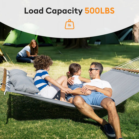 Double Hammock With Spreader Bar And Soft Pillow, 500 Lb Max Load, Ultra Portable Outdoor Hammock for Camping and Backyard Chill with family